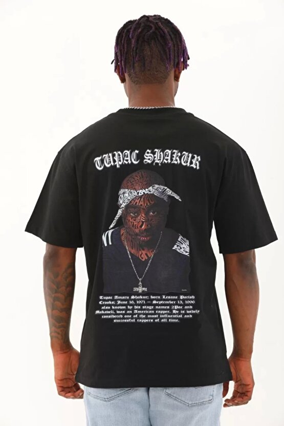 Unisex Oversize Baskılı Bisiklet Yaka T-Shirt - Siyah