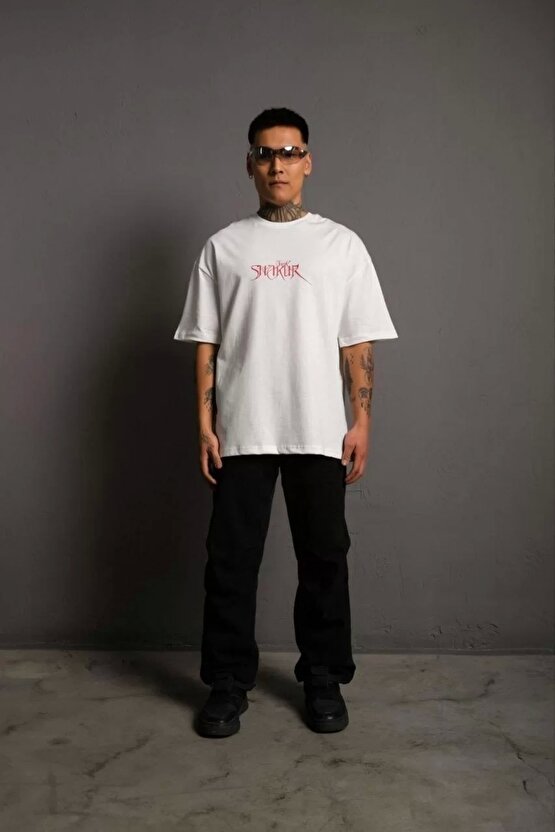 Erkek Oversize Tişört – Beyaz 241 Penye Kumaş, Bisiklet Yaka, Ön & Arka Baskılı, Streetwear Tarzı R