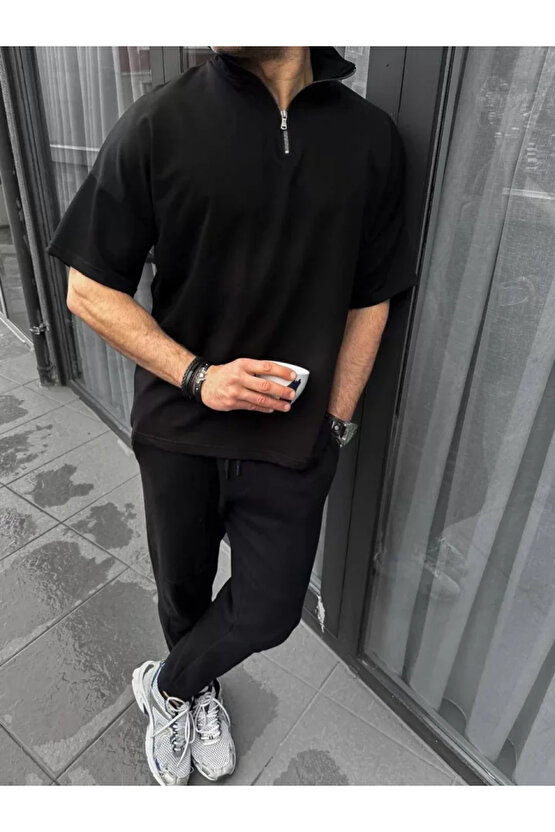 eyesof Unisex Yarım Fermuarlı Basic T-Shirt - Siyah