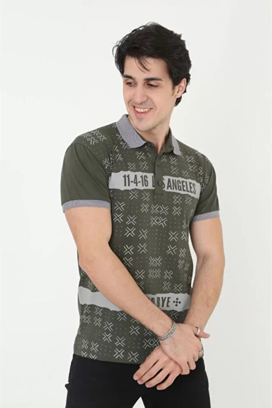 eyesof Erkek Yakalı Slim Fit Baskılı T-Shirt - Haki