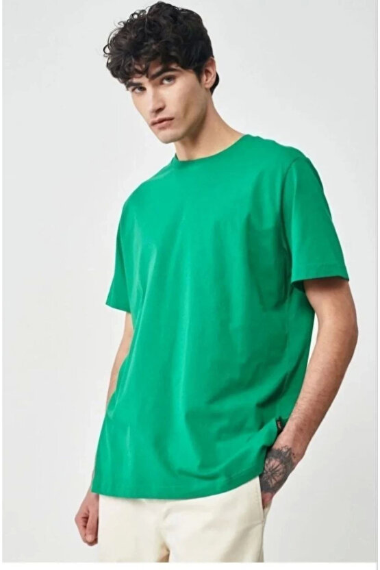 Erkek 241 Düz A Kalite Oversize T-shirt - Yeşil