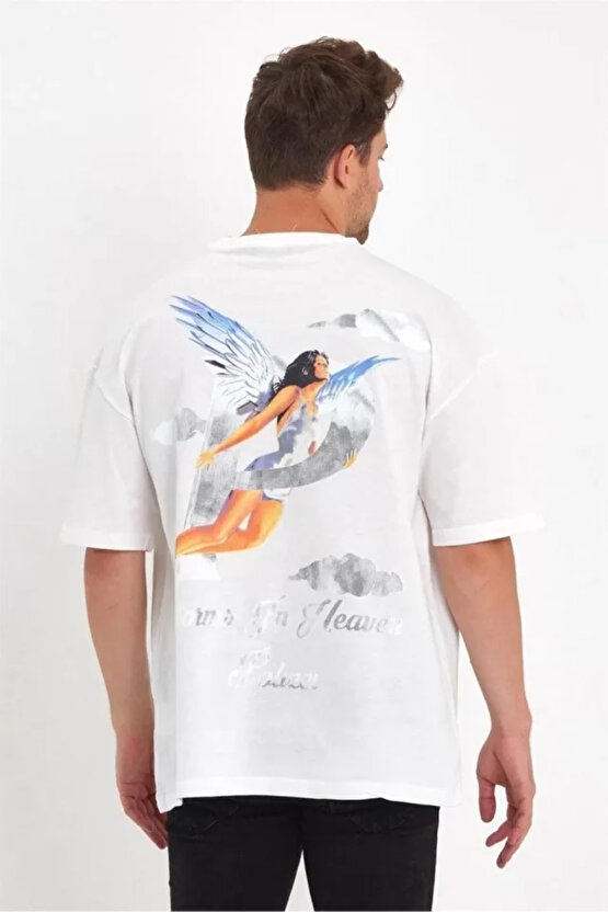 eyesof Erkek Melek Baskılı Oversize T-shirt - Beyaz