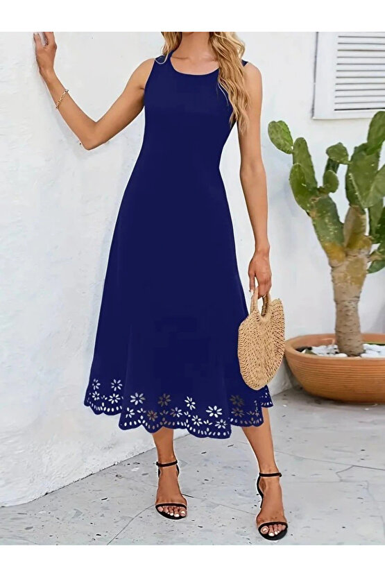 Kadın Kolsuz Etek Ucu Lazer Kesim çiçek Desenli Midi Boy Ithal Krep Elbise