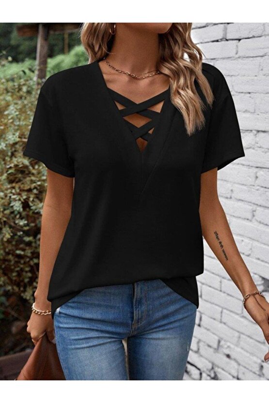 Kadın Kısa Kollu önden çapraz Detay V Yakalı Viskon Bluz