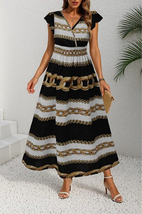 Kadın Kısa Kollu Kruvaze Yakalı Beli Lastikli Desenli Maksi Boy örme Krep Elbise