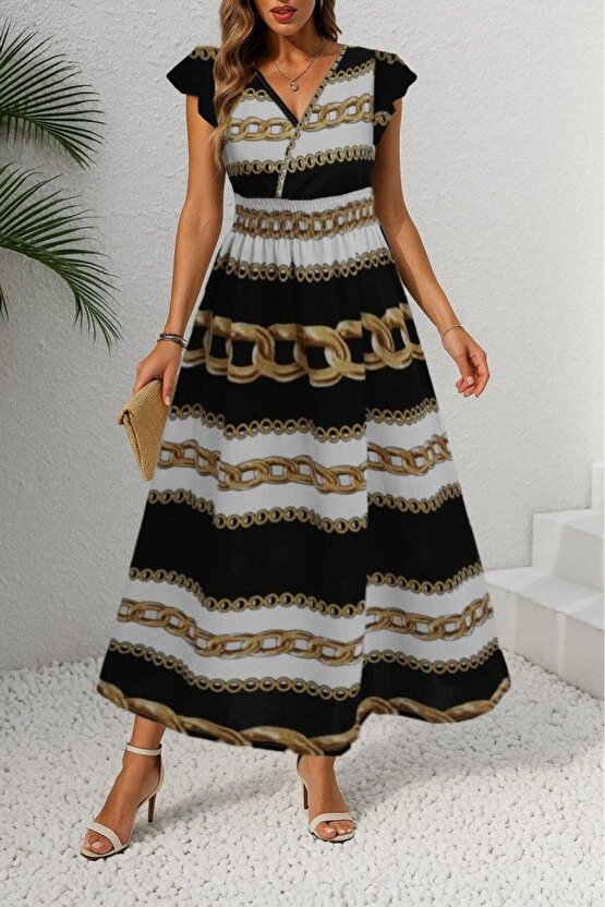 Kadın Kısa Kollu Kruvaze Yakalı Beli Lastikli Desenli Maksi Boy örme Krep Elbise