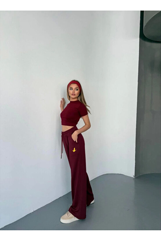 JANES Osy Modal Yumuşak Dokulu Kumaş Nakış Işlemeli Rahat Bol Paça Eşofman Pantalon - Bordo