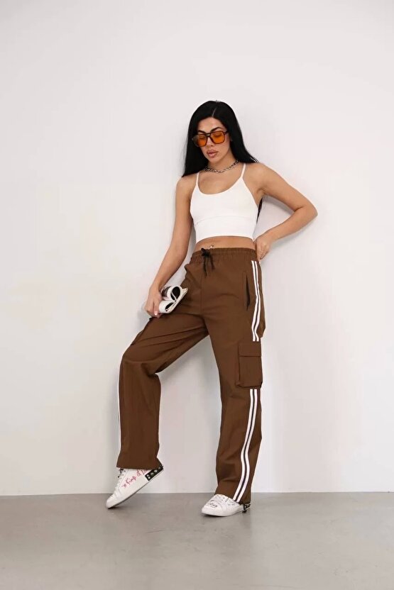 Praşut Kumaş Kargo Çeplı Baggy Esofman - Kahve