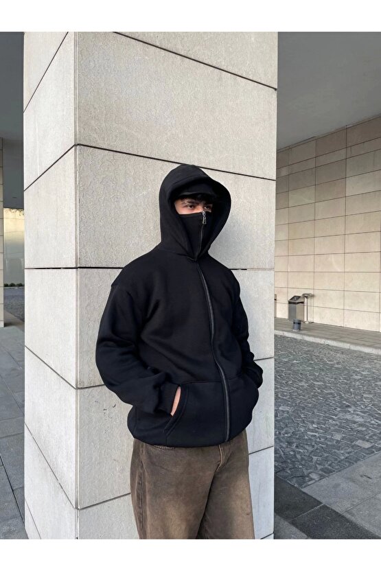 Samuray Kapüşonlu ZIP Fermuarlı Kapüşonlu SweatShirt - Siyah