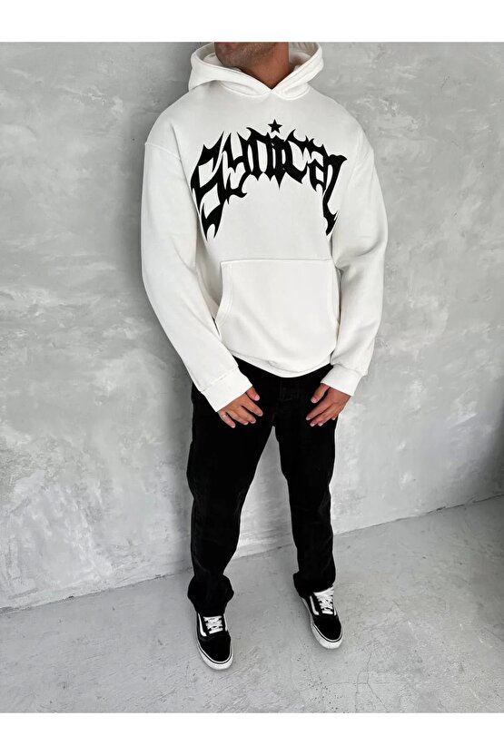 Unisex Üç İplik Kapüşonlu Baskılı SweatShirt - Beyaz