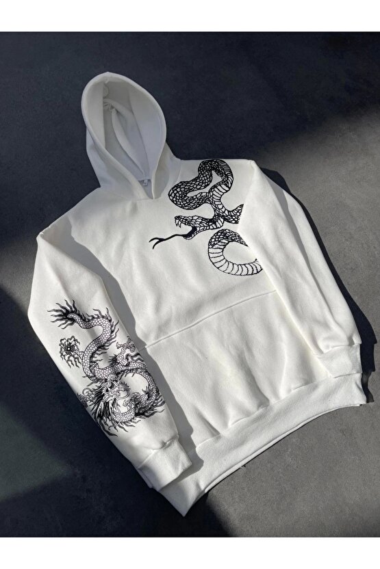 Uzun Kol Kapüşonlu Baskılı SweatShirt - Beyaz