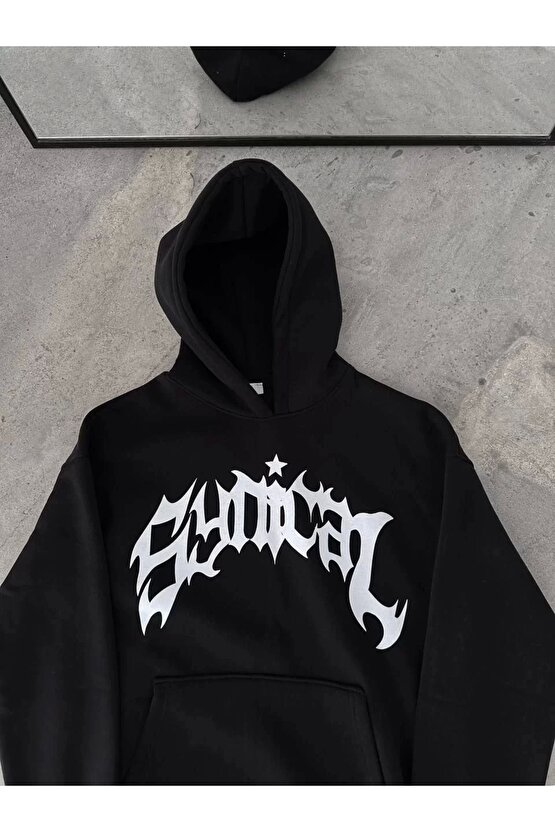 Kışlık Kapüşonlu Baskılı Oversize SweatShirt- Siyah