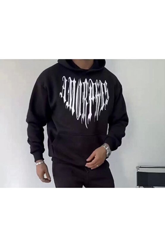 Uzun Kol Kapüşonlu Baskılı SweatShirt - Siyah