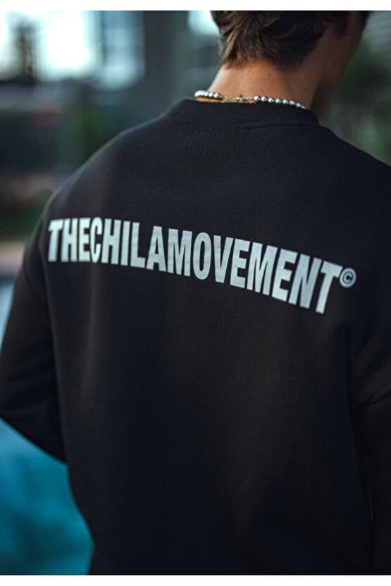 eyesof Kışlık Bisiklet Yaka Oversize Baskılı SweatShirt - Siyah