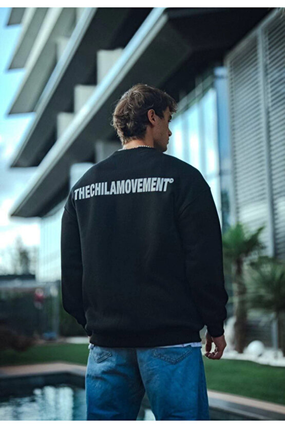 eyesof Kışlık Bisiklet Yaka Oversize Baskılı SweatShirt - Siyah