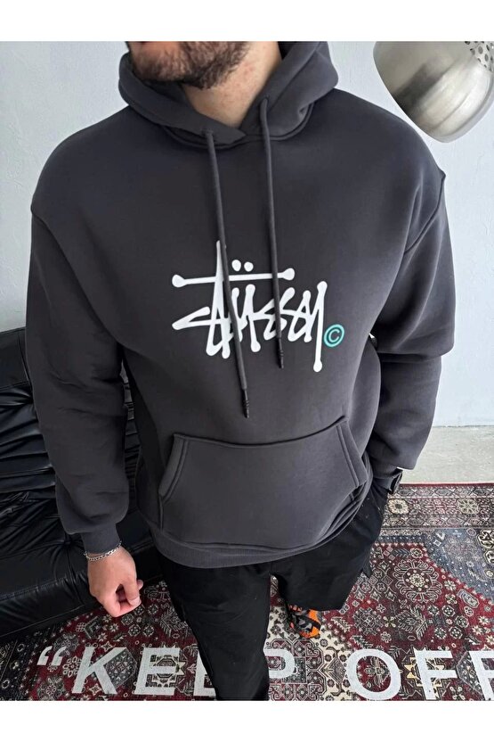 Üç İplik Kapşonlu Baskılı SweatShirt - Füme
