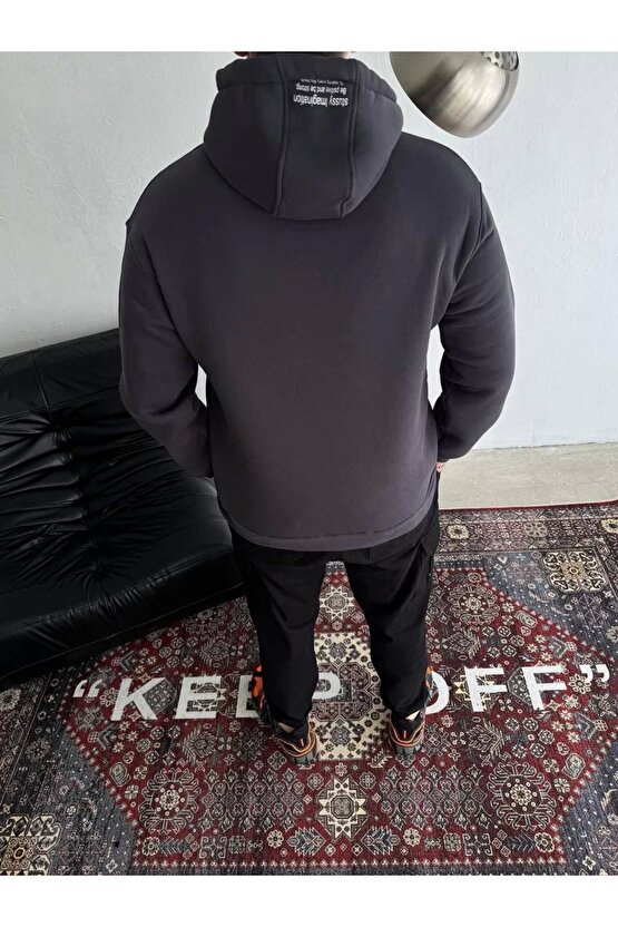 Üç İplik Kapşonlu Baskılı SweatShirt - Füme