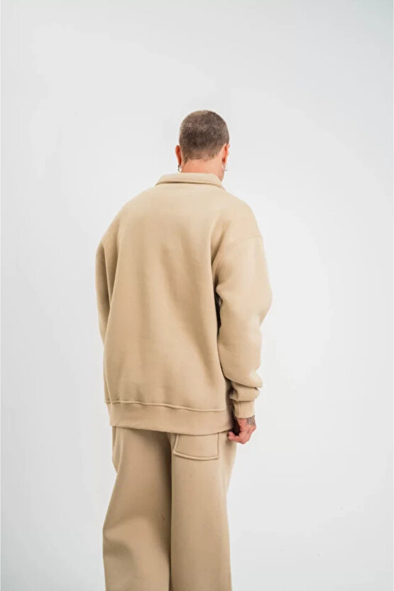 eyesof Unisex Double Oversize Patlı Yaka SweatShirt - Bej