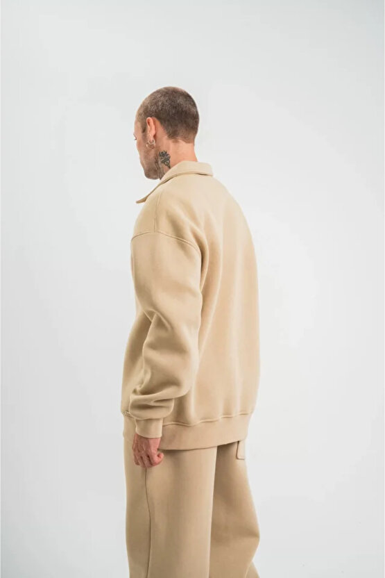 eyesof Unisex Double Oversize Patlı Yaka SweatShirt - Bej