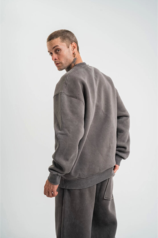 eyesof Unisex Uzun Kol Bisiklet Yaka Yıkamalı SweatShirt - Füme