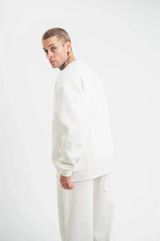 eyesof Unisex Uzun Kol Bisiklet Yaka Yıkamalı SweatShirt - Beyaz