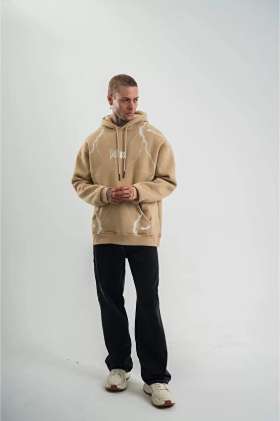 eyesof Double Oversize Kapşonlu Şimşek Pano Baskılı SweatShirt - Bej