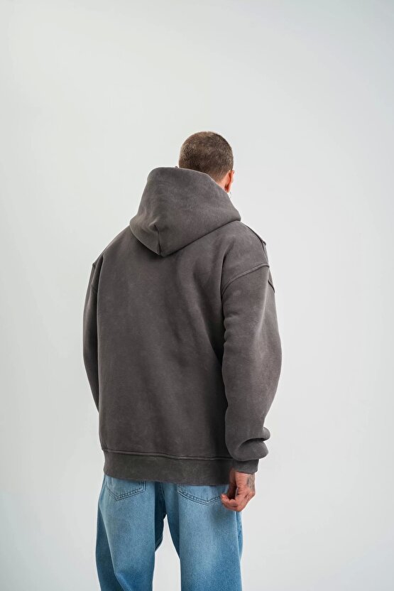 Unisex Uzun Kol Kapşonlu Yıkamalı Nakışlı SweatShirt - Füme