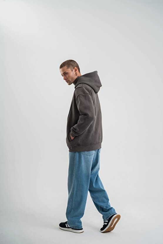 Unisex Uzun Kol Kapşonlu Yıkamalı Nakışlı SweatShirt - Füme