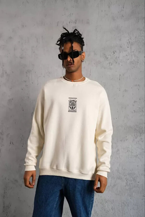 eyesof Unisex Bisiklet Yaka Baskılı Oversize Sweatshirt - Beyaz