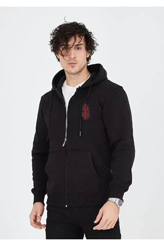 eyesof Unisex Baskılı Tam Fermuarlı Kapşonlu SweatShirt - Siyah