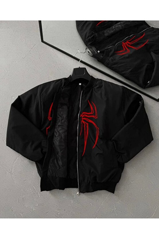 eyesof Unisex Uzun Kol Örümcek Baskılı Bomber Ceket - Siyah