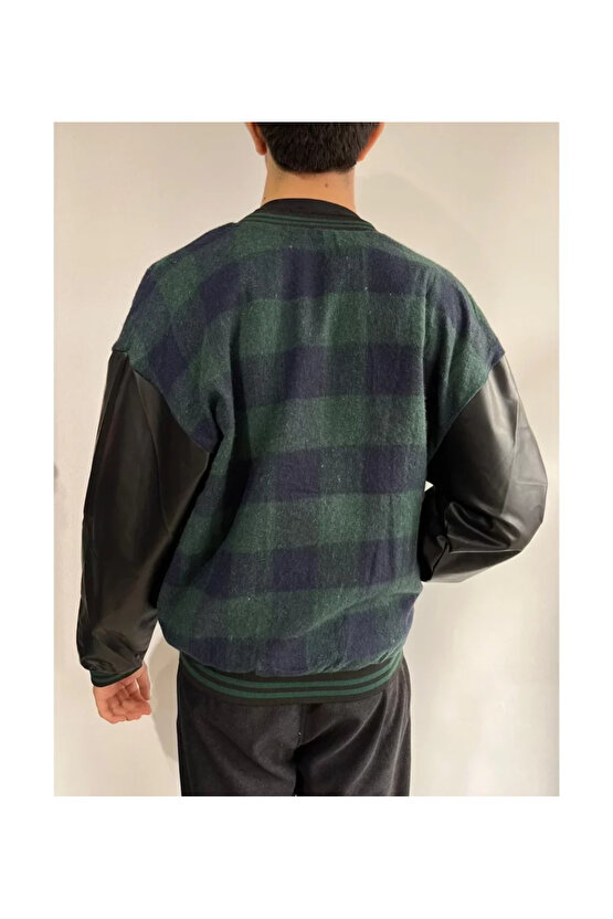 eyesof Erkek Pötikare Desen Nakışlı Kolej Ceket - Haki