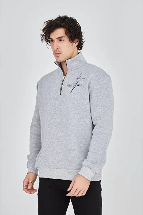 MDB Erkek Yarım Fermuarlı Baskılı weat Gri