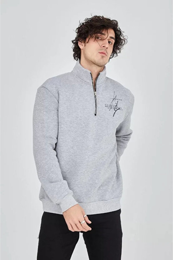 MDB Erkek Yarım Fermuarlı Baskılı weat Gri