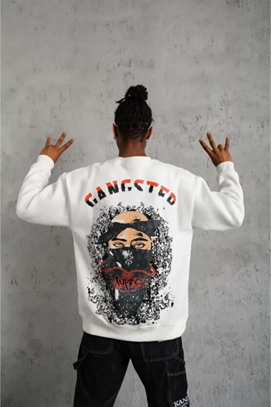 eyesof Erkek 3 İplik Gangster Baskılı Sweatshirt - Beyaz