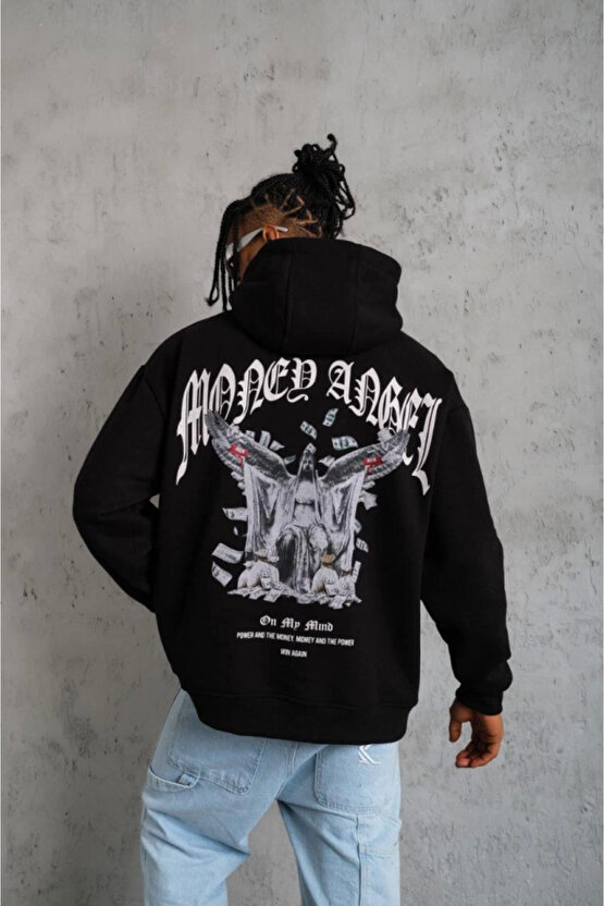 eyesof Erkek Kordon İpli Baskılı Kapüşonlu Sweatshirt - Siyah