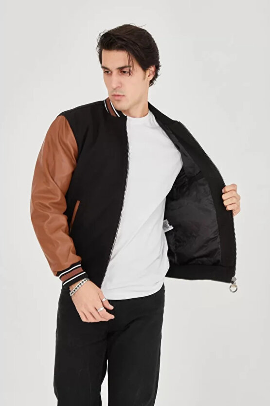 eyesof Erkek İçten Elyaf Ve Astarlı Kolları Suni Deri Ceket - Kahverengi