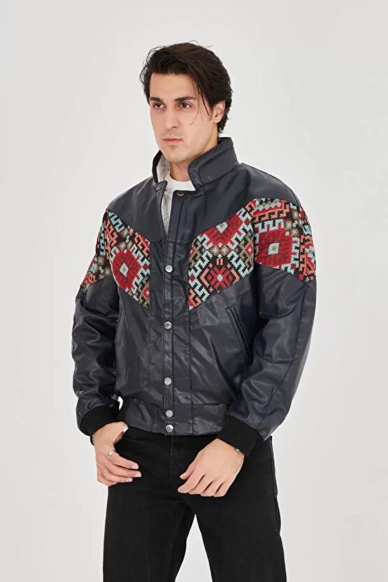 eyesof Erkek İçi Astarlı İçten Yaka Kısmı Peluşlu Suni Kumaş Vintage Ceket - Lacivert