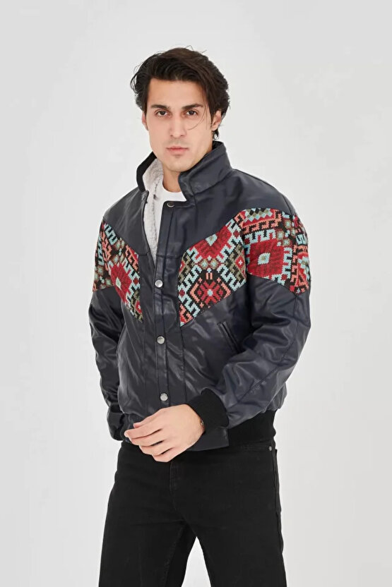 eyesof Erkek İçi Astarlı İçten Yaka Kısmı Peluşlu Suni Kumaş Vintage Ceket - Lacivert