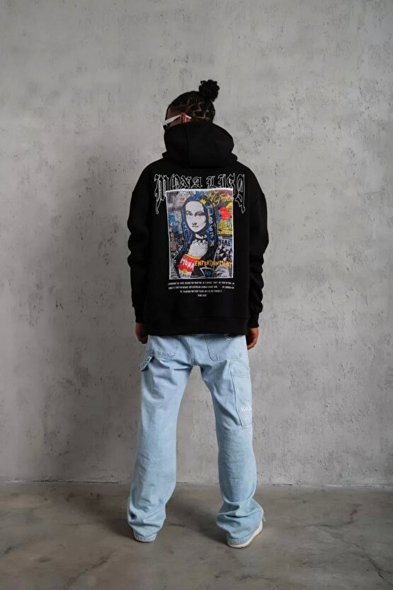 Erkek Baskılı Kapüşonlu ve Kanguru Cepli Sweat - Siyah