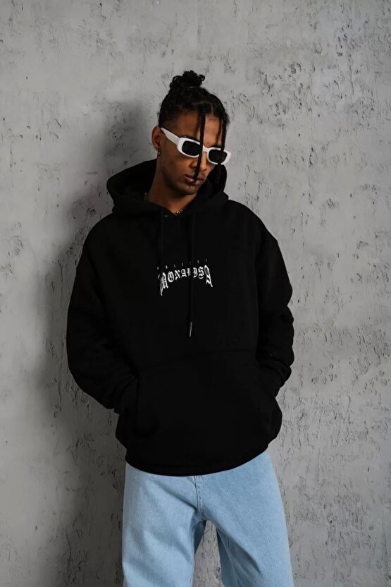 Erkek Baskılı Kapüşonlu ve Kanguru Cepli Sweat - Siyah