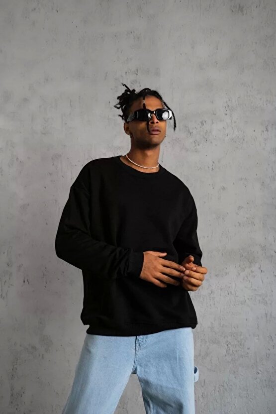 Kadın Düz Bisiklet Yaka Sweat - Siyah