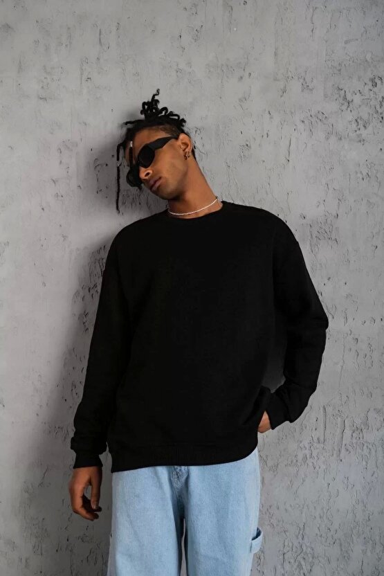 Kadın Düz Bisiklet Yaka Sweat - Siyah