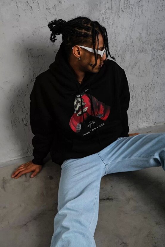 Erkek Eldiven Baskılı Kapüşonlu Sweat - Siyah