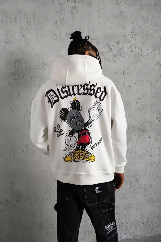 Erkek Üç İplik Baskılı Kapüşonlu Sweat - Beyaz