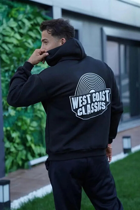 eyesof Erkek Sırt Baskılı Kapüşonlu Üç İplik Oversize Sweatshirt - Siyah