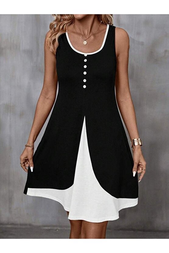 Kadın Askılı Yuvarlak Yaka önden Düğmeli çift Renkli Viskon Elbise