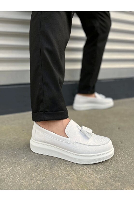 JY154 Blaze Bağcıksız Püsküllü Cilt Erkek Günlük Spor Klasik Ayakkabı CBT - Beyaz