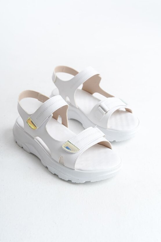 LAMIA Cırt Cırtlı Ortopedik Taban Kadın Sandalet CBT - Beyaz