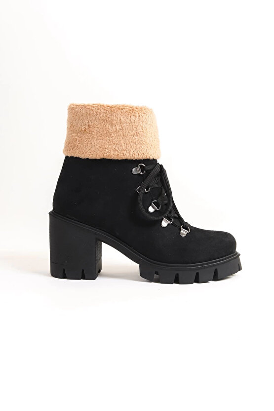 EMMA Bağcıklı Fermuarlı Ortopedik Taban Topuklu Kürk Detaylı Süet Kadın Bot SST - Siyah